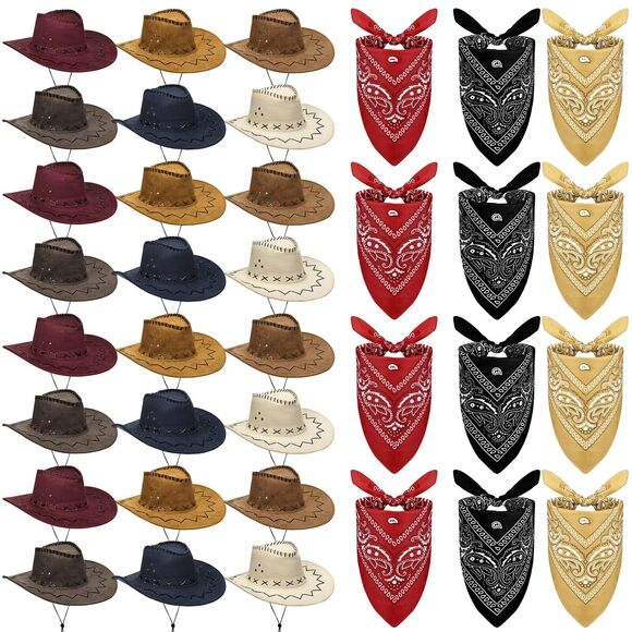 1825 48 Pcs Cowboy Hat And Bandana For Adult Bulk 24 Western Cowgirl Straw Hat